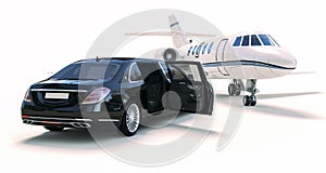 3d luxury limousine car and private jet