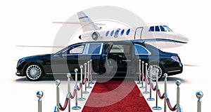 3d luxury limousine car and private jet