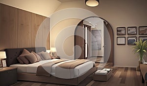 3D. Luxury modern bedroom interior with soft brown decor