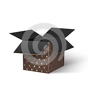 3d  luxury open box. Empty brown packaging with golden stamping isolated object on white background