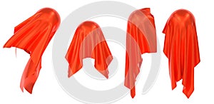 3D Luxury red cloth covers round object. Sphere hidden under silk tablecloth, napkin or curtain. Unveiling fabric for