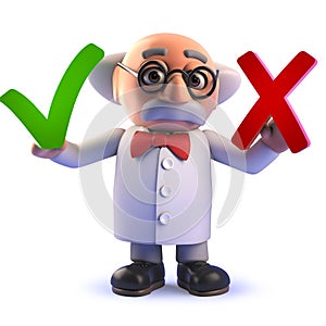 3d mad scientist cartoon character holding a cross and tick