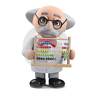 3d Mad scientist professor character holding an abacus