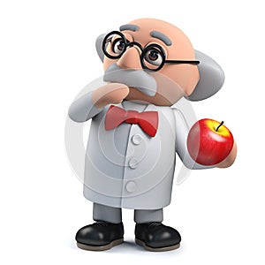 3d Mad scientist professor character surprised by an apple