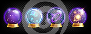 3D magic ball set, vector future teller kit, crystal Halloween orb shine energy sparkle globe.