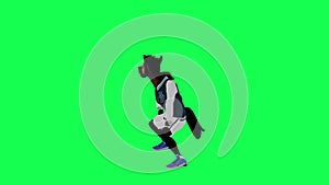 3D magic talking horse in sportswear doing hip hop dance from right angle on green screen 3D people walking background chroma key