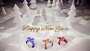 3d magical cartoon of Christmas tale with magnificent shiny inscription Happy New Year and christmas gifts in winter