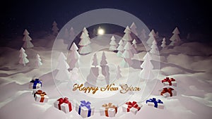 3d magical cartoon of Christmas tale with magnificent shiny inscription Happy New Year and christmas gifts in winter