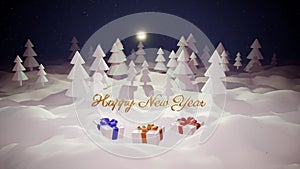 3d magical cartoon of Christmas tale with magnificent shiny inscription Happy New Year and christmas gifts in winter