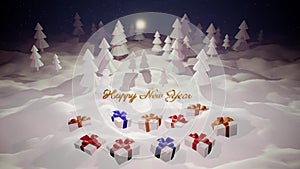 3d magical cartoon of Christmas tale with magnificent shiny inscription Happy New Year and christmas gifts in winter