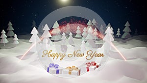 3d magical cartoon of Christmas tale with magnificent shiny inscription Happy New Year and christmas gifts in winter