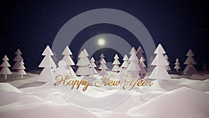 3d magical cartoon of Christmas tale with magnificent shiny inscription Happy New Year in winter forest with snowdrifts