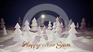 3d magical cartoon of Christmas tale with magnificent shiny inscription Happy New Year in winter forest with snowdrifts