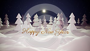 3d magical cartoon of Christmas tale with magnificent shiny inscription Happy New Year in winter forest with snowdrifts