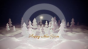 3d magical cartoon of Christmas tale with magnificent shiny inscription Happy New Year in winter forest with snowdrifts
