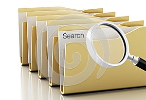 3d Magnifying glass examines yellow folders