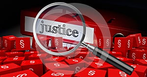 3D Magnifying glass over justice folder with section symbol icons