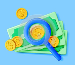3D Magnifying Glass and Pile of Money