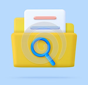 3d Magnifying glass and yellow folder with files