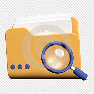 3d magnifying glass and yellow folder with files. Concept of document search. Search folder in 3d render. 3d rendering