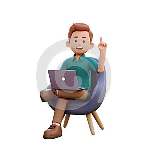 3d male character get an idea while sitting on a sofa and working on a laptop