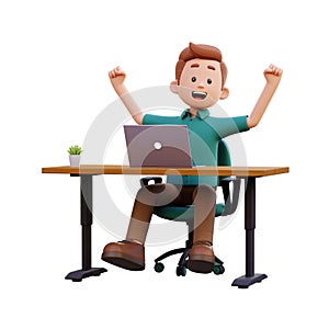 3d male character happy working on a laptop