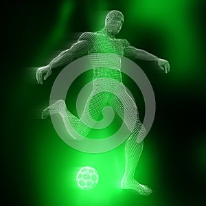 3D male footballer figure with wireframe design