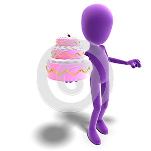 3d male icon toon character presents a huge cake