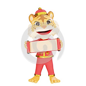 3d male tiger character holding scroll pose for chinesse new year