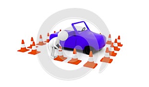 3d man arranging traffic cone around a car concept