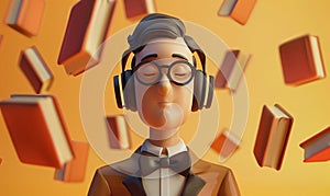 3d man in bow tie and headphones. Books are flying in the background. Streaming audio services picture