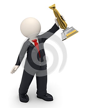 3d man - business victory and gold tie trophy award