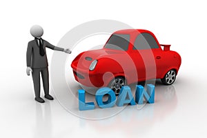 3d man with car, car loan concept