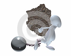 A 3d man carrying a heavy load with ball and chain.