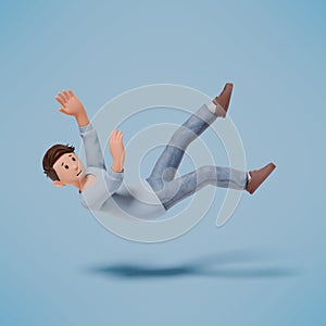 3d man character slipped and fell backwards while walking on a blue background