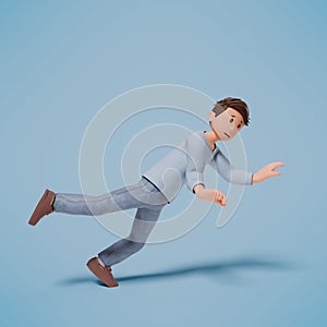 3d man character slipped and fell forward while walking on a blue background