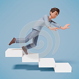3d man character slipped while going down the stairs with a blue background