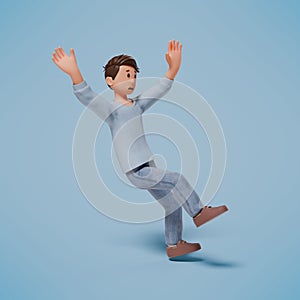 3d man character slipped while walking with a blue background