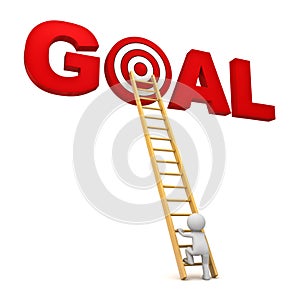 3d man climbing ladder to the red target in word goal over white background