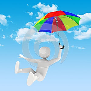 3d man flying with umbrella