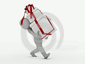 3d man goes with gift boxes on a white background