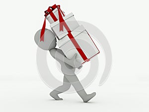 3d man goes with gift boxes on a white background