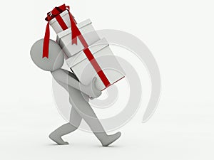 3d man goes with gift boxes on a white background