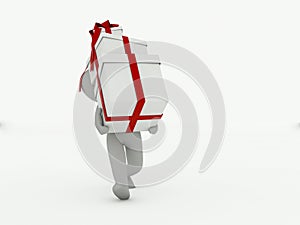 3d man goes with gift boxes on a white background