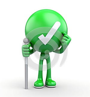 3d man is green tick symbol, signifying completion and success, in a compelling visual representation of achievement