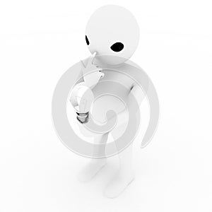 3d man holding bulb in hand and thinking illustration