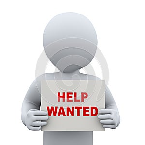 3d man holding help wanted banner sign