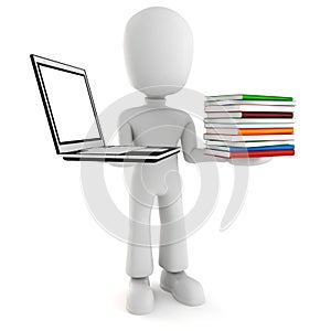 3d man holding a laptopp and books photo