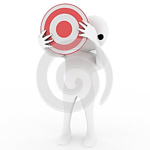 3d man holding target board near head and sneaking from behind it illustration