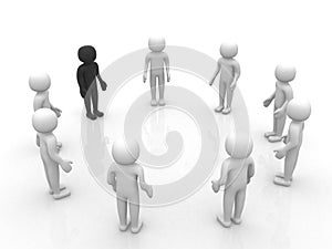 3D man joining a group of people in a circle over a white background